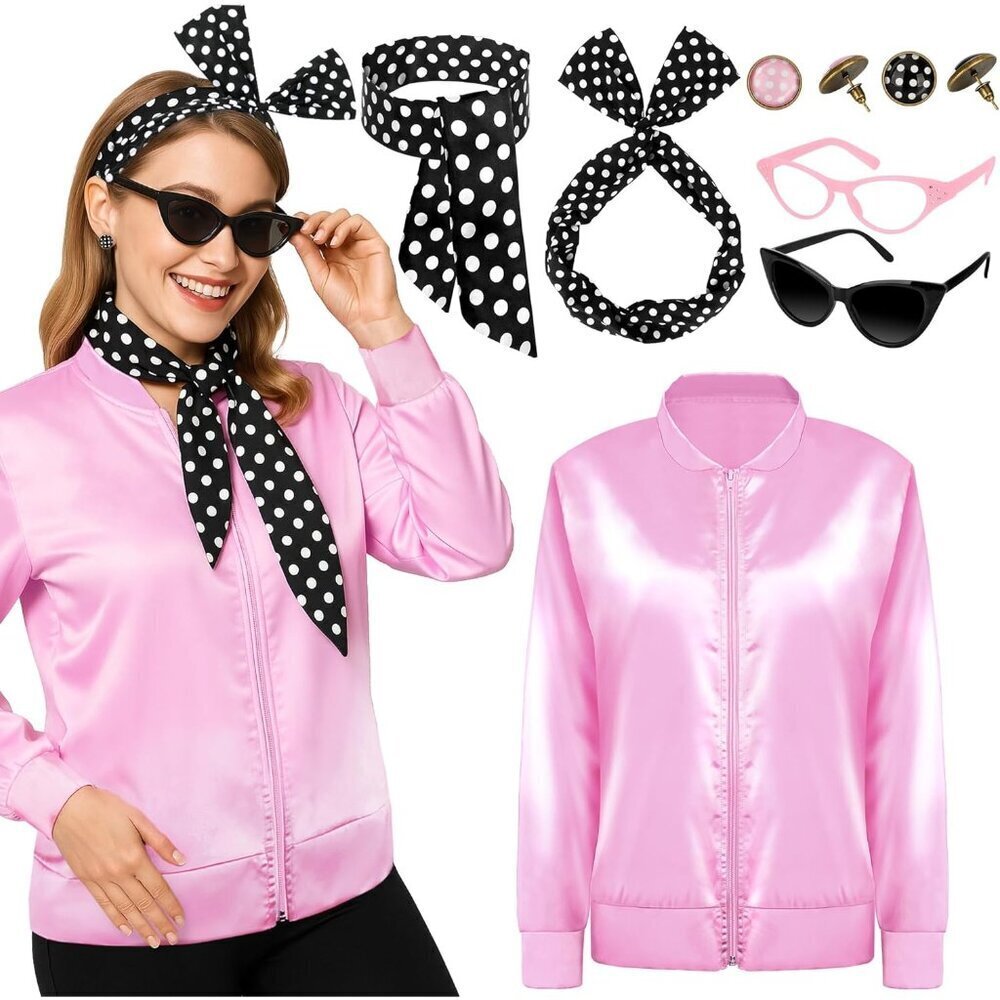 Pink Halloween Costume Set Women's Satin Jacket Accessories Vintage Style